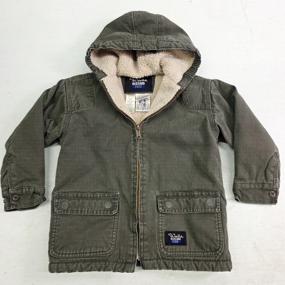 Walls Jacket Kids Boys Sz XS 4/5 Green Blizzard Pruf Ripstop Canvas Sherpa Lined